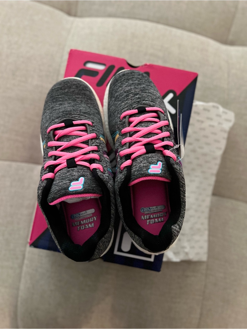 Fila Women's Gray Knit Athletic Sneakers with Pink Accents cushion, lightweight